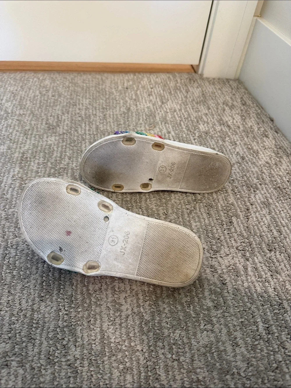 Lola + The Boys White Slides with Rainbow Glitter Straps